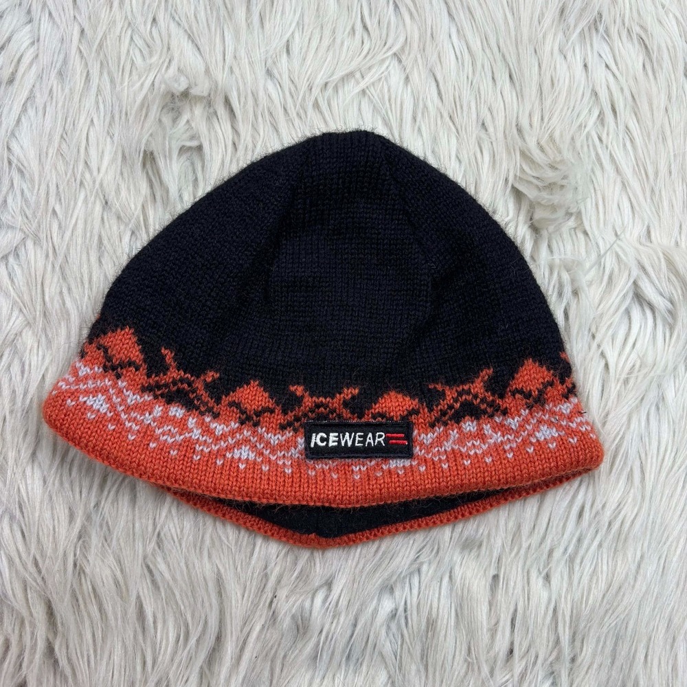 Ice Wear Men's OS Beanie Skull Cap Wool Fair Isle Orange Black